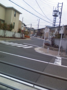 道路を挟んで奥のほうに一戸建てが並んでいる　外装の色トーンが統一されている